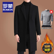 羅蒙（ROMON）中長(cháng)款羊毛呢大衣男士秋冬商務(wù)休閑加棉加厚風(fēng)衣男保暖呢子外套男 黑色毛呢+8810灰色毛衣 XL /180碼(建議140-155斤穿)