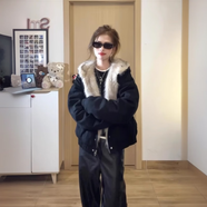 衣然呈品國潮美式棉服女2025新款座山雕工裝夾克棉衣加絨加厚冬季棉襖外套 黑色 M 【建議95-110斤】