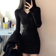 FOX.G黑色針織連衣裙打底裙子女裝秋裝新款2025衣服純欲性感小個(gè)子穿搭 V領(lǐng)黑色修身針織包臂裙 均碼 【建議120斤左右內】