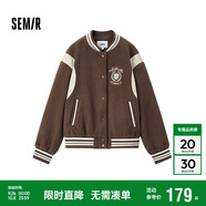 森馬（Semir）外套女刺繡拼接撞色寬松夾克2024冬季仿毛呢棒球服109724108004