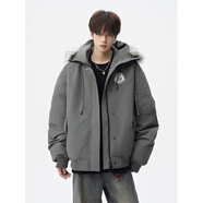 NEW OR MODE潮牌連帽毛領(lǐng)派克棉服男冬季高街百搭情侶棉衣美式寬松設(shè)計(jì)感外套 灰色 XL 【建議125-145斤】
