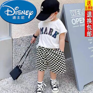 迪士尼（Disney）兒童夏季套裝2025兒童新款洋氣衣服寶寶上衣短褲夏季套裝男童 白色-格子褲無(wú)袖套裝 90 【建議身高75-85cm】