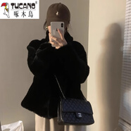啄木鳥(niǎo)（TUCANO）一體水貂毛絨外套女2025冬季年輕款貂皮短款立領(lǐng)皮毛環(huán)保毛毛外套 黑色【內里鹿皮絨】 S 80-115斤