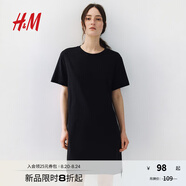 H&M女裝連衣裙秋季純棉圓領(lǐng)短袖簡(jiǎn)約休閑舒適T恤式連身裙1278156 黑色 M 165/96