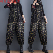 韓曼蕊2025秋冬新款印花牛仔哈倫褲女大碼背帶休閑長(cháng)褲百搭 小黃花 M