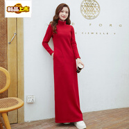 初徑新款加絨加厚長(cháng)裙連衣裙長(cháng)袖大碼半高領(lǐng)超長(cháng)拖地一步裙一體絨女冬 酒紅色(新款半高領(lǐng)加長(cháng)140) XL 適合110-125斤