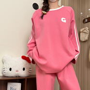 香雅馨 韓版睡衣女春秋長(cháng)袖棉質(zhì)寬松家居服兩件套裝夏季甜美V領(lǐng)卡通貓咪 411911運動(dòng)風(fēng)粉色 L 100-120斤