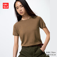 優(yōu)衣庫女裝精紡美利奴羊毛圓領(lǐng)針織衫/短袖通勤25秋冬新款478335 35 淺褐色 XL
