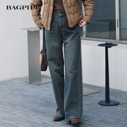 風(fēng)笛（Bagpipe）風(fēng)笛2025冬季新款棉質(zhì)復古高腰直筒闊腿牛仔褲拖地褲梨形神褲 深藍 XL 170