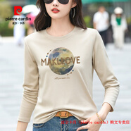 皮爾卡丹（pierre cardin）長(cháng)袖T恤女2025新款春秋內搭白色圓領(lǐng)寬松印花顯瘦秋衣上衣打底衫 杏色 2XL