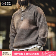 馬登工裝 美式復古針織polo衫慵懶風(fēng)寬松翻領(lǐng)套頭雜色毛衣男秋季 咖色 L