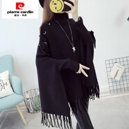 皮爾卡丹（pierre cardin）秋冬款女裝蝙蝠衫披肩斗篷外套女下擺流蘇寬松套頭毛衣女系帶上衣 黑色 L