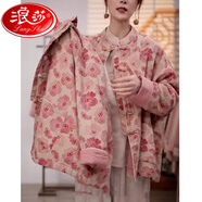 浪莎（LangSha）新中式盤(pán)扣印花棉襖女冬國風(fēng)夾棉加厚年輕款棉衣外套 粉紅色 M 【90-115斤】