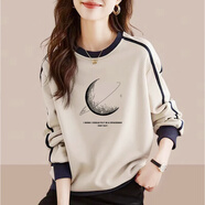 以純（YISHion）剪標出口純棉長(cháng)袖拼色衛衣女春秋款顯瘦文藝減齡印花上衣 米白【星球行星】 XL 建議130-145斤