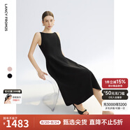 朗姿2025夏季新款優(yōu)雅一字領(lǐng)無(wú)袖連衣裙女高端法式修身收腰裙子 黑色 L