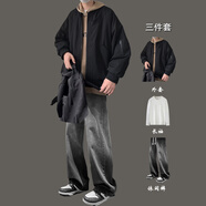 VZVG冬季潮流新款外套男套裝保暖棉服夾克冬天美式男裝棉衣搭配三件套 a【3件裝】MY32棉衣黑色+長(cháng)T+常 S