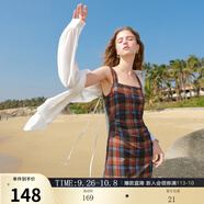 三彩獨醒2025秋款網(wǎng)紗印花吊帶裙方領(lǐng)收腰A字連衣裙F 酒紅格紋 M 160/84A