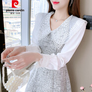 皮爾卡丹（pierre cardin）法式小香風(fēng)娃娃領(lǐng)長袖連衣裙女秋季新款高端氣質(zhì)小個子顯瘦A字裙 灰色 S