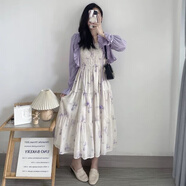 蓉月閣甜美碎花吊帶連衣裙套裝薄款開(kāi)衫修身收腰甜外搭開(kāi)衫 白色開(kāi)衫 6633單件 S 建議80-90斤