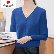 皮爾卡丹（pierre cardin）秋冬新款上衣氣質(zhì)淑女打底衫修身內(nèi)搭針織衫V領毛衣套頭長袖女潮 藍色 S 85-95斤