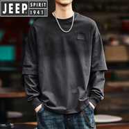 JEEP SPIRIT吉普高端復(fù)古漸變水洗假兩件長袖T恤男春秋冬潮牌寬松休閑體恤男 深灰 2XL 適合170-190斤