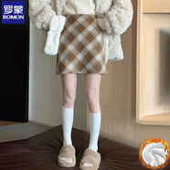 羅蒙紅色毛呢格子包臀短裙女秋冬新款加絨有內(nèi)襯小個(gè)子a字半身裙 卡其方格 加絨 S 建議體重70-90斤