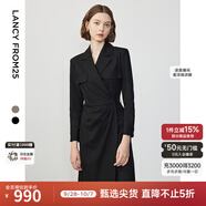 朗姿設(shè)計(jì)感ol風(fēng)氣質(zhì)顯瘦西裝裙冬季新款法式長袖高級(jí)感連衣裙 黑色 S