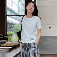 Mayya Plus鏤空立體刺繡花邊上衣女士夏季新款白色百搭短袖 白色 短袖 2XL