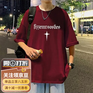 畫枕眠（HUAZHENMIAN）短袖T恤男夏季潮牌2025新款寬松半袖上衣港風后背印花冰絲體恤衫 酒紅色 M