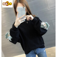 初徑刺繡衛(wèi)衣女秋冬2025年新款女裝韓版寬松加絨加厚外套女上衣ins潮 黑色超絨不倒絨 L 4x(155到170)