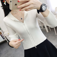 啄木鳥(niǎo)秋冬新款拉鏈高腰短款針織開(kāi)衫女外套帽子衫長(cháng)袖毛衣打底衫內搭女 白色 S