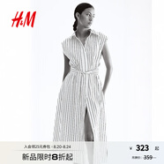 H&M女裝包袖連衣裙2025年夏季新款亞麻混紡襯衫式連身裙1293989 白色/條紋 M 165/96