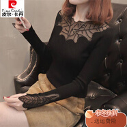 皮爾卡丹春秋新款韓版修身彈力打底衫毛衣女套頭長袖性感鏤空蕾絲針織衫女 黑色(852) M