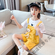 姒漾女童背帶褲網(wǎng)紅夏裝兩件套新款中大童牛仔短褲外穿 向日葵色背帶褲 單件背帶褲 150