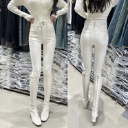 緊身褲女不透米白色兩粒排扣加寬高腰小腳牛仔褲四面彈黑色緊身九 米白色（薄絨） 26 89-95斤穿