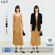 LILY夏新款女裝法式優(yōu)雅浪漫氣質(zhì)可調節肩帶長(cháng)款吊帶連衣裙女 611咖金 M