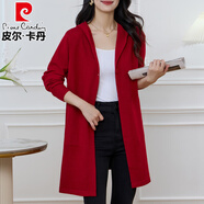 皮爾卡丹（pierre cardin）中老年秋季薄款連帽開衫女韓版大碼針織衫薄款遮肚中長款氣質外套 酒紅色 M