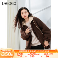 lagogo巴恩風(fēng)仿羊羔絨厚外套女拉谷谷2024年冬季新款連帽休閑上衣 棕色 S