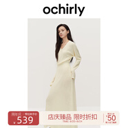 歐時力OCHIRLY 羊毛軟糯優(yōu)雅毛針織連衣裙V領(lǐng)秋冬季新品通勤簡約 米白 S
