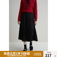 獨束大碼女裝絲絨百褶半身裙女冬裝新款高腰兩段式拼接壓褶A字半裙 月夜黑 XL