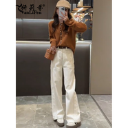 妍莉芬（yanlifen）2025秋季搭配一整套韓系軟糯時(shí)尚針織毛衣牛仔闊腿褲兩件套裝女裝 橘上衣+米白褲子兩件套 S (85-100)