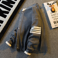 朦朧杏男士針織衫外套開(kāi)衫學(xué)院風(fēng)橫派潮品美式撞色條紋毛男秋冬款四道杠 深灰色 M (90-100斤)