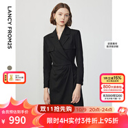 朗姿設計感ol風(fēng)氣質(zhì)顯瘦西裝裙冬季新款法式長(cháng)袖高級感連衣裙 黑色 M