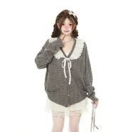 學(xué)院風(fēng)荷葉邊披肩拼接毛衣外套女春秋絕美超好看韓系灰色針織開(kāi)衫 灰色 S