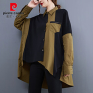 皮爾卡丹個(gè)性拼色襯衫女長(cháng)袖2025秋季新款大碼設計感中長(cháng)款不規則寬松襯衣 黑拼軍綠 XL 【建議150-200斤】