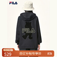 FILA斐樂官方女裝外套秋季上衣多彩潮流加絨保暖開衫連帽小熊外套 正黑色-F51W138599FBK(加絨) 180/96A/XXL