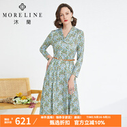 MORELINE沐蘭優(yōu)雅印花連衣裙2023年秋新款女士田園小碎花中長(zhǎng)款百搭 綠花 44/XXL