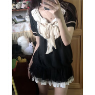 天啟世紀古著(zhù)vintage少女穿搭蝴蝶結系帶蕾絲拼接娃娃領(lǐng)doll感連衣裙短裙 黑色連衣裙 L