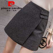 皮爾卡丹（pierre cardin）秋冬季毛呢釘扣不規則翻邊女半身裙防走光高腰格子包臀時(shí)尚小短裙 兩紐扣小千鳥(niǎo)格   灰黑色 S