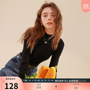 三彩冬款純色坑條針織衫木耳邊半高領(lǐng)修身打底內搭簡(jiǎn)約女 經(jīng)典黑 S